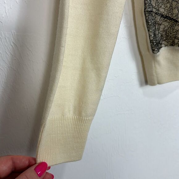 Carven Ivory Wool Long Sleeve Lace Overlay Crew Neck Sweater Size M - Picture 3 of 10